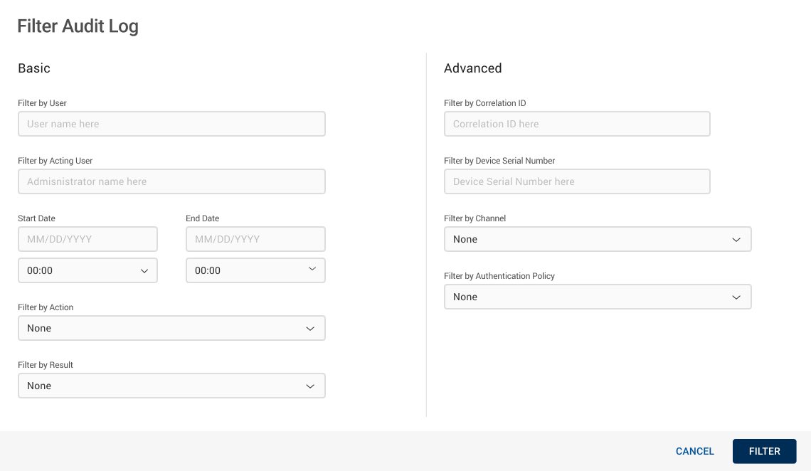 Basic filters cover user, date, action, and result. Advanced filters reach correlation ID, device serial, and channel.