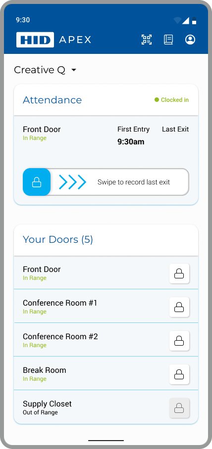 Home shows attendance and every door, marked In Range or Out of Range.