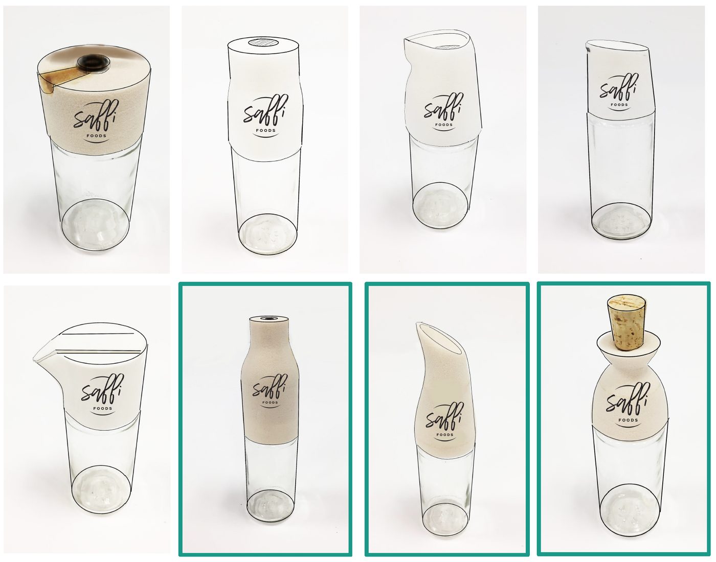 Eight early dispenser forms drawn on clear glass bodies. Three are outlined as the chosen directions.